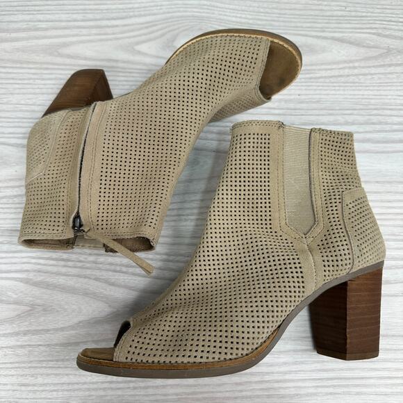 Toms Majorca Booties WMNS 9.5 Tan Diamond Perforated Suede Peep Toe Block Heels - Picture 6 of 9